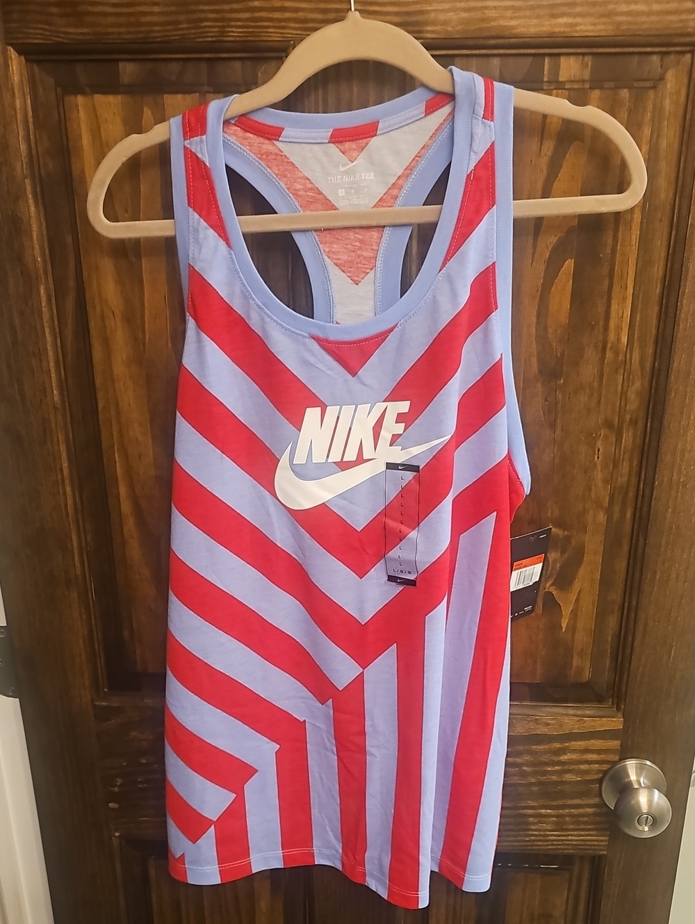 Nike Racerback Tank, size L, red and blue striped, swoosh logo NWT